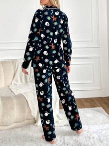 SHEIN Cottnline Christmas Print Contrast Piping Lounge Set - Blue - View 2
