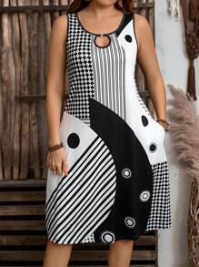EMERY ROSE Plus Size Women Striped Keyhole Neck Tank Dress Spring Outfits For Women Vacation Country