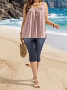EMERY ROSE Plus Size Casual Camisole, Sleeveless Minimalist Style, Suitable For Holiday Spring Outfits For Women Vacation Mesh - Pink - View 6