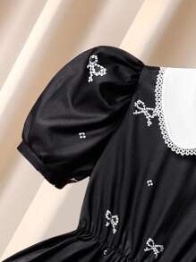 SHEIN Sukienka dziewczęca z krótkim rękawem i minimalistycznym designem do codziennego noszenia - Czarne - Zobacz 5