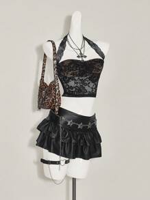 SHEIN ICON Top de camisola con cuello de halter y encaje ajustado y corto, estilo sexy para salir de las mujeres - Negro - Ver 6