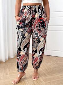 SHEIN LUNE 大码松紧腰口袋休闲裤，日常穿着 - 彩色 - 查看 4