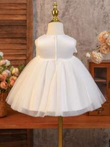 SHEIN Glamorique Kids Baby Girls' Satin Tulle Wedding Party Dress With Bow & Pearl Beaded Floral Applique, Children Party Gown - Beige - View 2