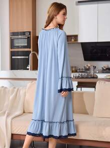撞色蕾丝拼布喇叭袖宽松 V 领女式睡袍 - 藍色 - 查看 3