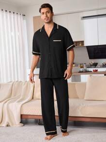 Men's Contrasting Edge Chest Pocket Solid Color Casual Turndown Collar Short Sleeve Pajama Set - Black - View 7