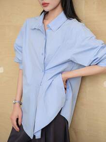 Dazy-Less Minimalist Asymmetric Button Design Solid Color Casual Long Sleeve Women Shirt,Fall Women Clothes Business Casual Woman Work Clothes - Blue - View 10