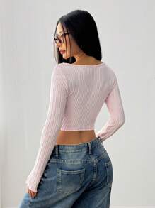 SHEIN EZwear Women Cropped Casual Distressed Ribbed Twist Detail Long Sleeve T-Shirt