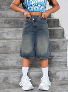 SHEIN Quần short Bermuda denim màu xanh dương dáng rộng, cạp chun bất đối xứng, phong cách Y2K thời thượng dành cho bé gái tuổi teen, thích hợp cho phong cách đường phố. - Rửa trung bình - Xem 5