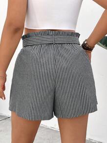 SHEIN Frenchy Plus Size Women Striped Twist Waist Casual Shorts - Black and White - View 7