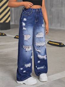 SHEIN Young Girl Y2K Blue Denim Wide Leg Loose Ripped Jeans,Kid Girls Spring And Summer Casual Vacation Wear,Kid Girls Multiple Cargo Pockets Street Cool Outfit
