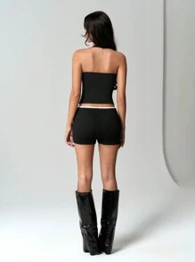 TRNVIE Women's Casual U-Shaped Low Waist Tight Super Short Leggings - Black - View 2