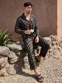 Manfinity ChillVibe Men's Full Print Front Button Long Sleeve Simple Pullover Top And Pants Pajama Set - Black - View 5