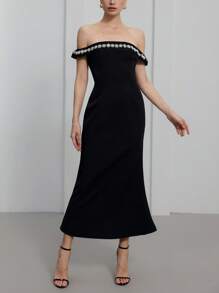 Chiquease Elegant High-End Formal Party Long Dress With Beaded Off Shoulder Collar Design, Slim Fit Enhances Figure   Old Money Style For Summer Spring Fall Autumn - Black - View 4