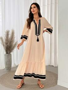 SHEIN LUNE Long Sleeve Maxi Dress With Ruffle Hem And Tassel Pendant, Chinese Style Retro Urban Dress Suitable For Formal Occasions, Beige
