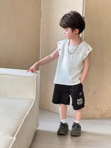 SHEIN 1pc Young Boys Comfortable Daily Versatile Japanese And Korean Style Simple Casual Texture Fabric Round Neck Sleeveless Knitted Top T-Shirt, Suitable For Spring And Summer Seasons, Daily Life, Sports, Campus, Gatherings, Festivals, Performances, Photography, Back To School Season - White - View 6