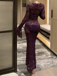 DAZY Lace Sheer Fitted Long Sexy Nightgown Pajama - Purple - View 2