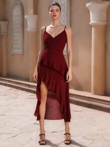 Aveloria Rosie Elegant Vacation Sexy Spaghetti Strap Asymmetric Hem Ruffle Hem Waist-Defining Women Dress