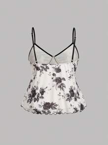 SHEIN MOD Plus Size Summer Vintage Rose Printed Asymmetrical Hem Cami Top - Black and White - View 2