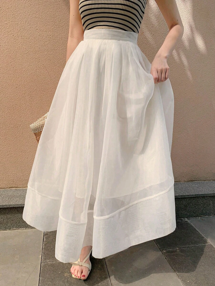 DAZY 1 chiếc váy xòe rộng cạp cao phối lưới màu trơn cho nữ - trắng - Xem 1