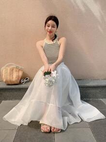 DAZY 1 chiếc váy xòe rộng cạp cao phối lưới màu trơn cho nữ - trắng - Xem 7