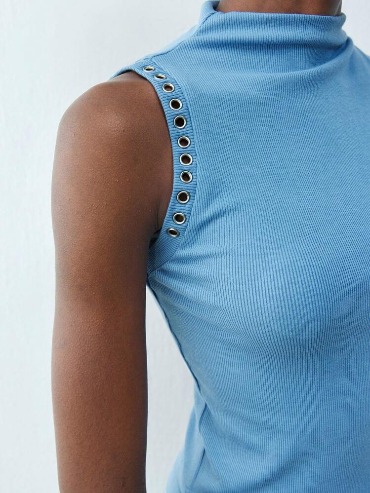 Maija 春季新款蓝色金属装饰女式背心无袖收腰都市现代优雅日常休闲适合外出度假节日聚会老款波西米亚风90年代女装 - 藍色 - 查看 2