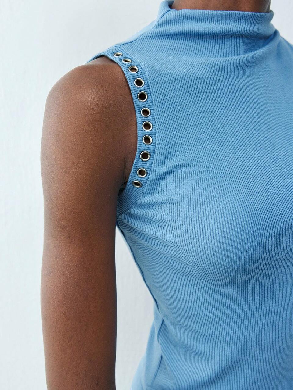 SHEIN Maija Dusty Blue Summer Chic Everyday Women's Tank Top Metal Decoration Sleeveless Waist Urban Modern Elegant Daily Leisure Vacation Holiday Party 90s