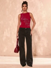 SHEIN BAE Women Summer: Studded Floral Graphic Racerback Tank Top / Graphic Tee / Rave Festival / Streetwear / Beach Wear - Burgundy - View 7