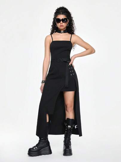 Grunge Punk Steampunk Women's Y2K Black Lace-Up Suspenders Removable Neckline Maxi Dress Ladies Long Dress,Women Dresses,Summer , Summer Outfits ,Summer Clothes