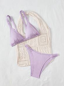 Swim Mod Women's Romantic Summer Beach Vacation Cute Ruffled Light Purple Ribbed Fabric Bikini Set - Mauve Purple - View 3