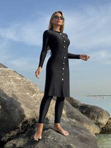 Swim Shayni 女士优雅度假连体黑色保守泳衣，适合夏季海滩 - 黑色 - 查看 5