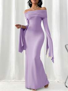 Firerie Women's Collared Off Shoulder Long Bodycon Dress,Lavender Dress - Purple - View 6