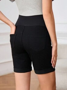 SHEIN Maternity Casual Solid High Waist Ripped Denim Shorts - Black - View 2