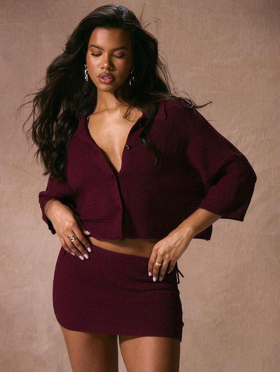 Musera Resort Crochet Knit Collared Button Through Cropped Beach Cover Up Top Only Vacation For Spring Summer Elegant Sexy Spring Y2K 90's Casual Cute Ibiza Swim Acai Fall Winter