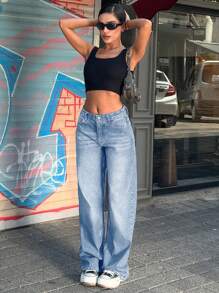 RueChic 100% 纯棉复古低腰皮革贴片阔腿牛仔裤