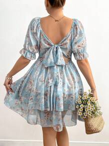 Flirla Plus Size Boho Fashionable Backless Lace-Up Waist Printed Dress, For Summer - Multicolor - View 5