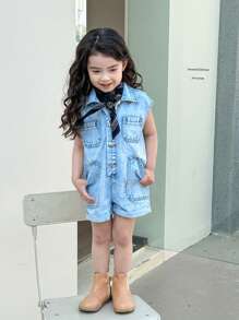 Bộ đồ liền quần jean ngắn hàng ngày cho bé gái ngoài trời nhẹ nhàng, vừa vặn thoải mái và cài nút phía trước, túi phẳng ở phía trước và đường may bên hông, vải thoải mái, cổ điển và thời trang - Rửa nhẹ - Xem 1