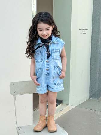 Young Girl CASUAL DAILY OUTDOORSY LIGHT WASH CARGO DENIM SHORT JUMPSUITS, Relax Fit And Button Closure In Front, Flat Pockets On Front And Side Seam, Comfy Fabric Classic And Fashionable, School, Campus, College