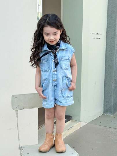 年轻女孩休闲日常户外轻盈洗水牛仔短款连体裤，宽松版型，正面纽扣开合，正面和侧缝处有扁平口袋，面料舒适经典时尚