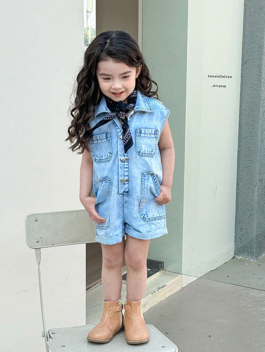 Bộ đồ liền quần jean ngắn hàng ngày cho bé gái ngoài trời nhẹ nhàng, vừa vặn thoải mái và cài nút phía trước, túi phẳng ở phía trước và đường may bên hông, vải thoải mái, cổ điển và thời trang - Rửa nhẹ - Xem 1