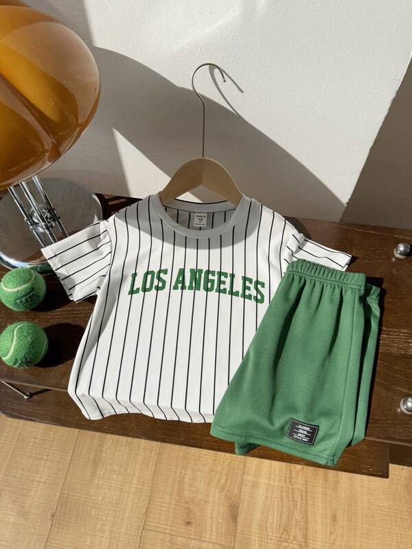 2pcs Young Boy Cute Casual Letter & Stripe Pattern Short Sleeve Top And Elastic Waist Shorts Set, Suitable For Daily Wear, School, Travel And Sports In Spring/Summer