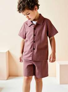 2 件套休闲竖条纹连体衬衫和短裤套装适合户外活动 - 彩色 - 查看 8