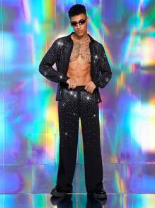 FeverCity Men's Rhinestone Embellished Loose Woven Long Suit Pants - Black - View 3