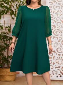 EMERY ROSE Plus Size Round Neck Long Sleeve Mesh Splicing Simple Short Dress Summer Outfits For Women - Dark Green - View 3