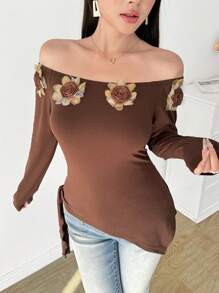 Modelyn 3D Floral Decor Off Shoulder Long Sleeve Slim Fit T-Shirt - Brown - View 7
