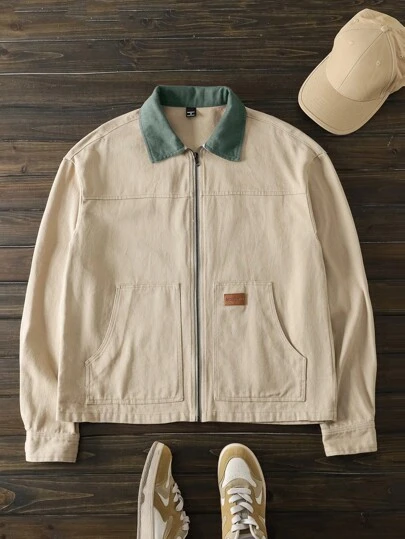 Manfinity BRENVOR Men's Woven Slim-Fit Contrast Color Block Long Sleeve Casual Shacket, Suitable For Autumn/Winter