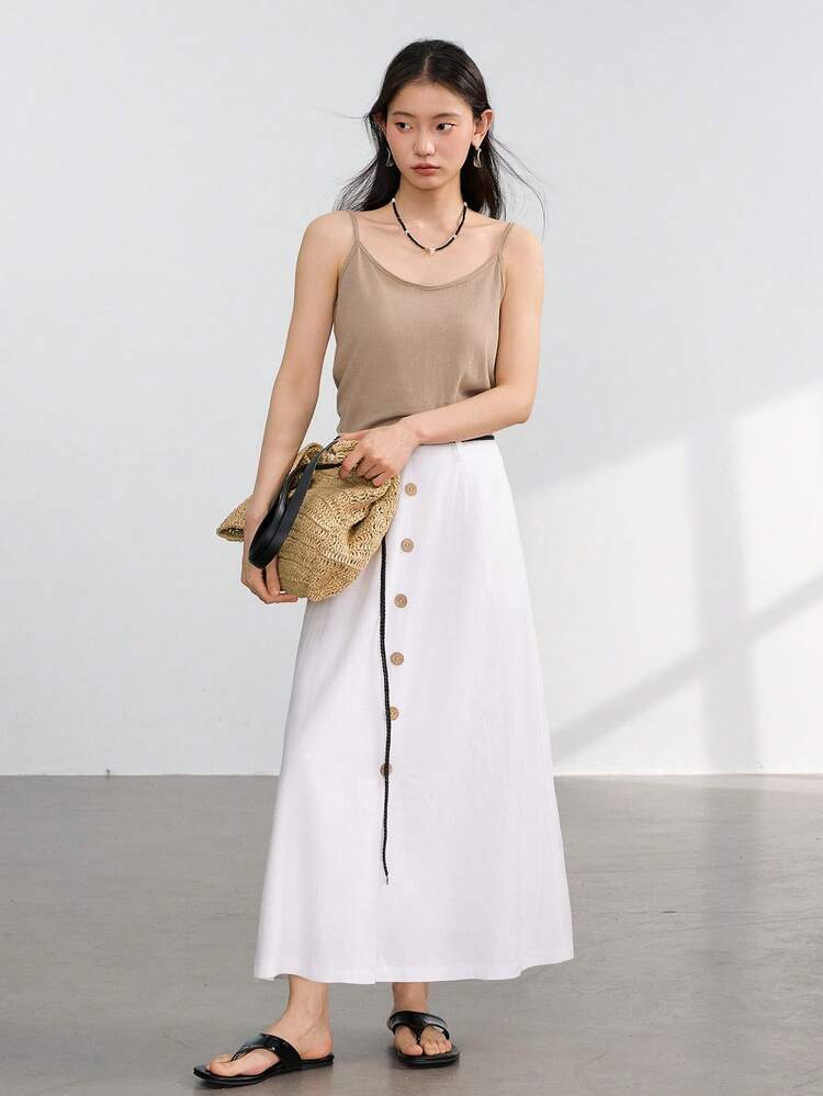 Women's Business Casual Loose Waist Drawstring Button Decor 100% Linen Solid Color Skirt Old Money Style