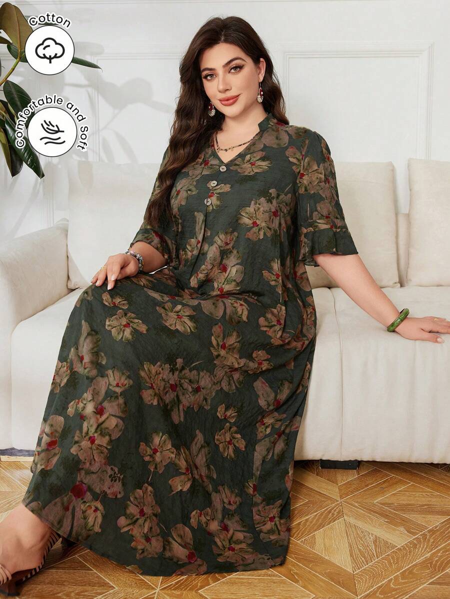 SHEIN Lacomfia Vestido floral vintage de talla grande con cuello en V y holgado para el verano - Verde Oscuro - Ver 1