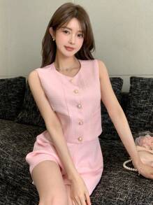 DAZY Plaid Design 2pcs/Set Women Vest And Shorts Set, Suitable For Weddings, Dates And Nights Out - Pink - View 10