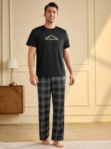 Manfinity Underwear&Sleepwear Basics 2pcs Men's Letter Print Short Sleeve Top And Shorts Pajama Set - Black - View 1