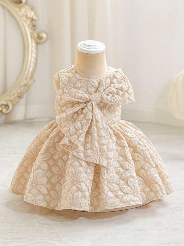 SHEIN Glamorique Kids Baby Girl New Jacquard Bowknot Decorated Princess Dress, Children Elegant Party Gown For Birthday, Anniversary